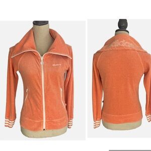 Adidas Full Zip Track Jacket Women Small‎ Orange Velour Embroidered Logo
